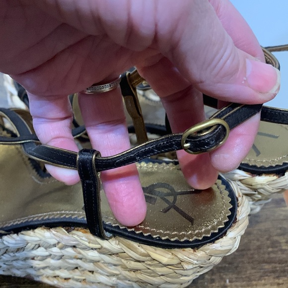 YSL platform wedge sandal black braided straw metallic gold - Picture 11 of 15